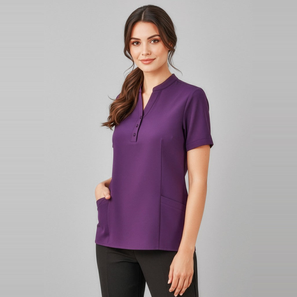 Biz Florence Womens Plain Tunic CS949LS in Purple, worn by model