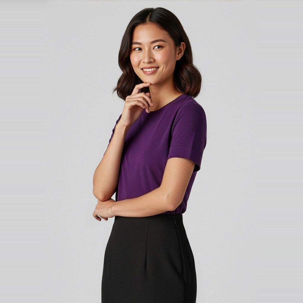 Biz Marley Womens Short Sleeve Jersey Top CS952LS in Purple, worn by model
