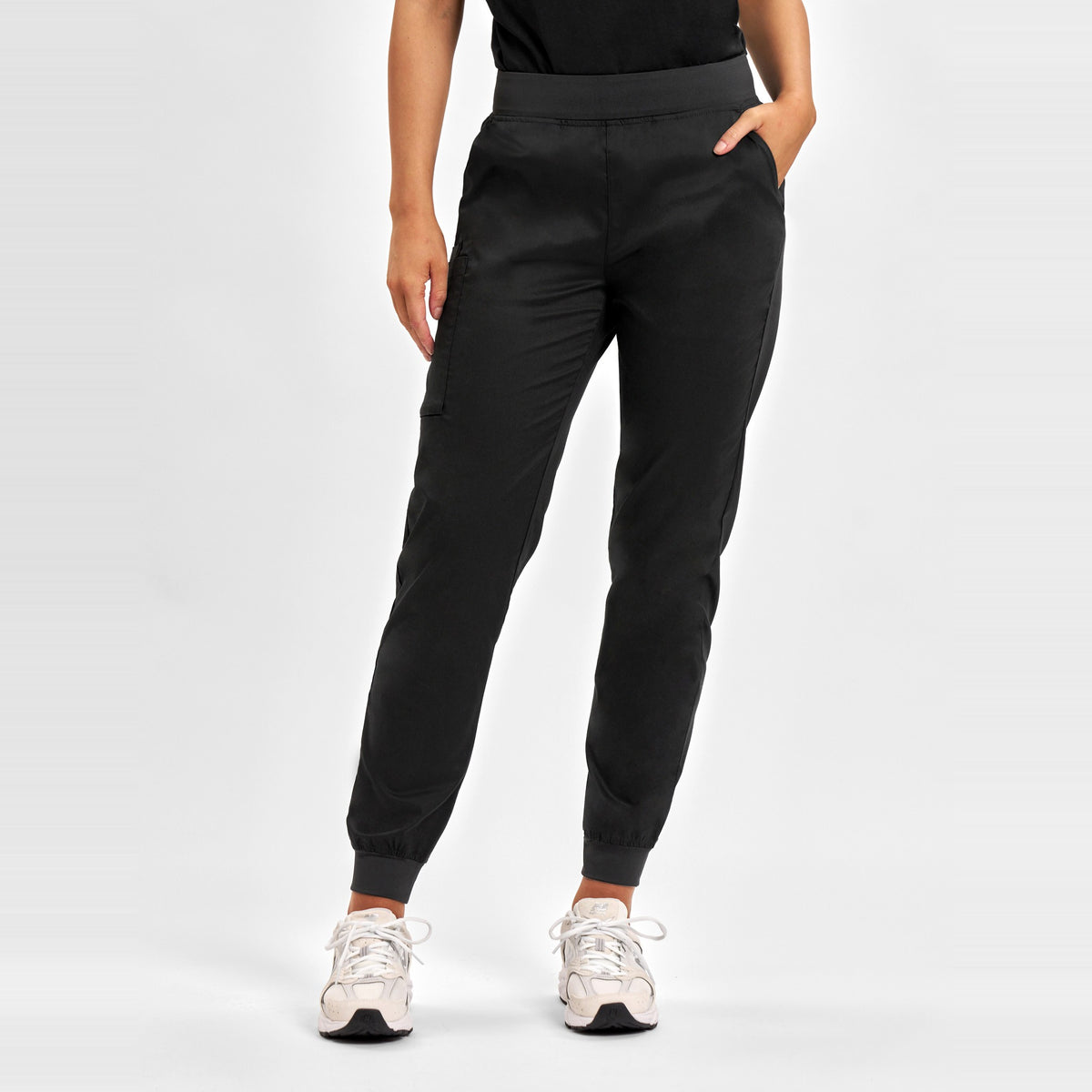 Inaura Riley Womens Slim Leg Jogger Scrub Pant CSP042LL in Black, worn by model, view 2