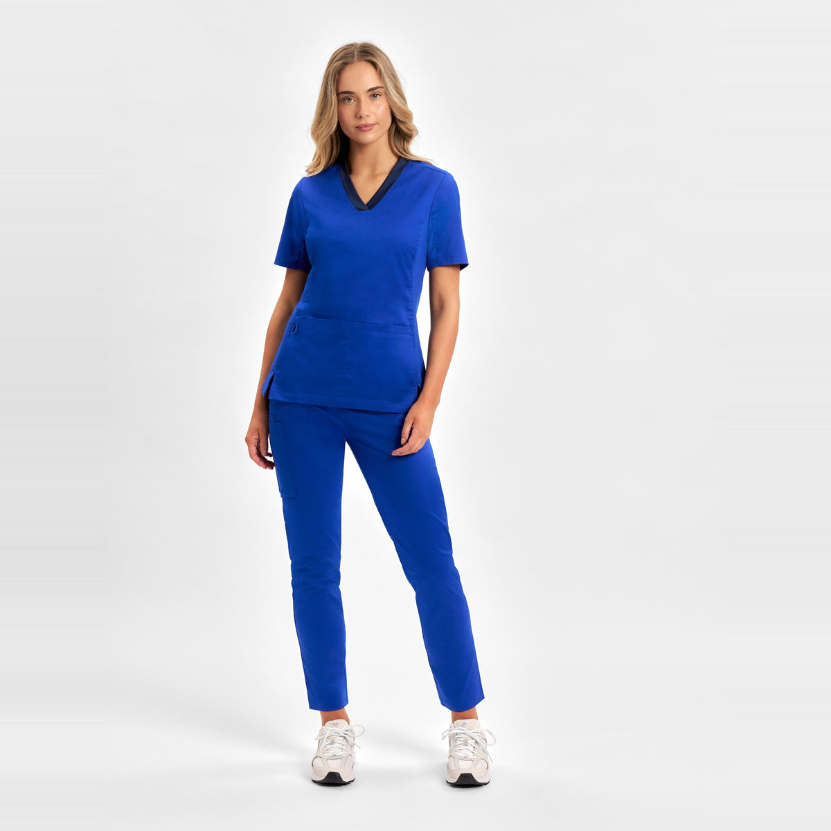 Inaura Riley Womens Straight Leg Scrub Pant CSP047LL in Electric Blue, worn by model