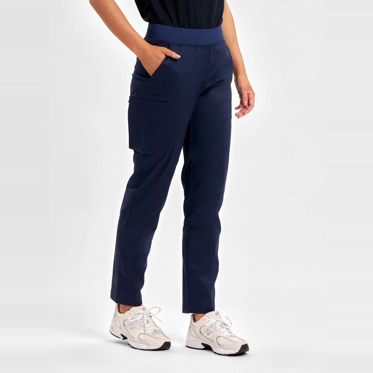 Inaura Riley Womens Straight Leg Scrub Pant CSP047LL in Midnight Navy, worn by model, view 3