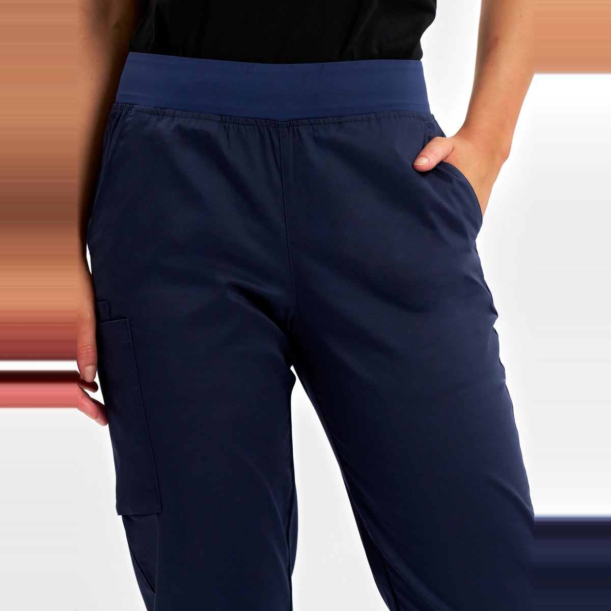 Inaura Riley Womens Straight Leg Scrub Pant CSP047LL in Midnight Navy, worn by model, view 5