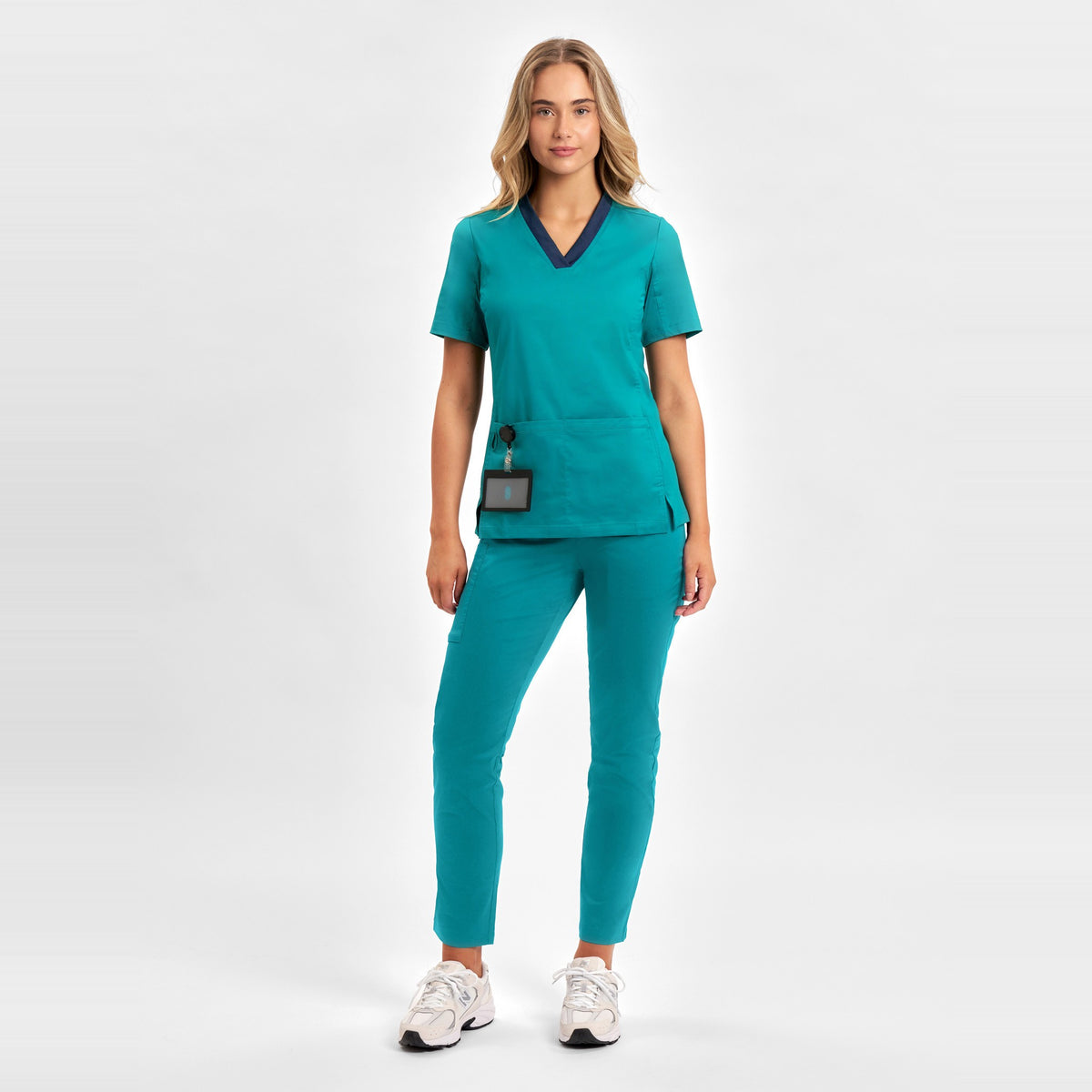 Inaura Riley Womens Straight Leg Scrub Pant CSP047LL in Teal, worn by model