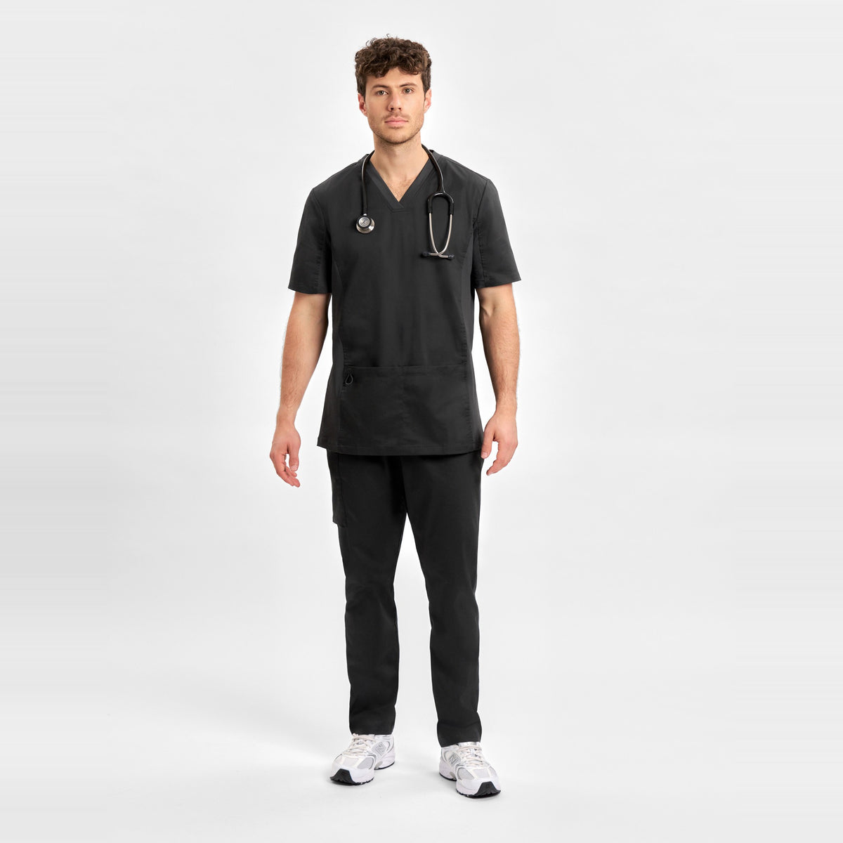 Inaura Riley Mens Straight Leg Scrub Pant CSP047ML in Black, worn by model