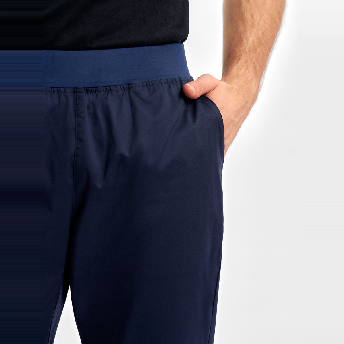 Inaura Riley Mens Straight Leg Scrub Pant CSP047ML in Midnight Navy, worn by model, view 5