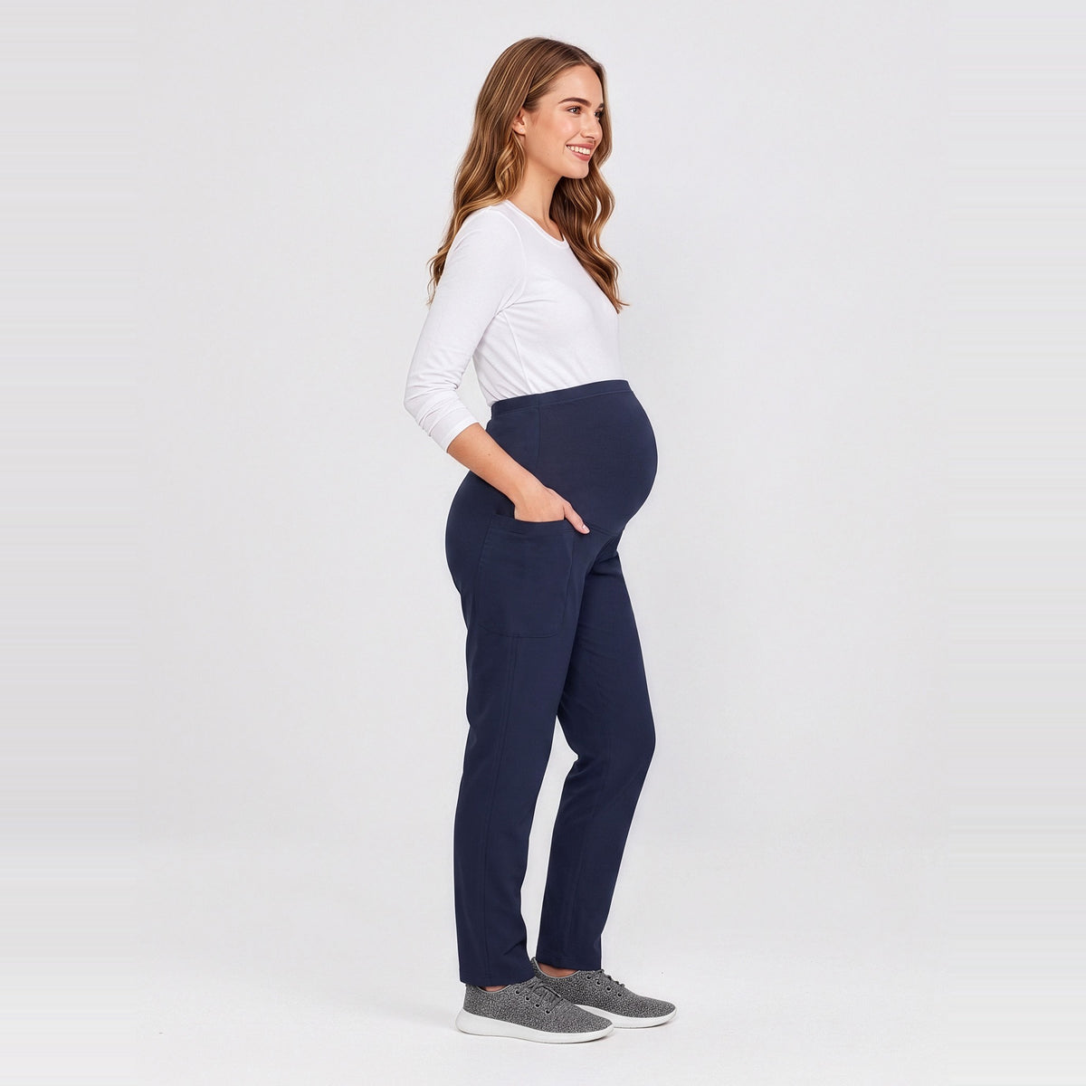 Inaura Rose Womens Maternity Scrub Pant CSP244LL in Midnight Navy, worn by model