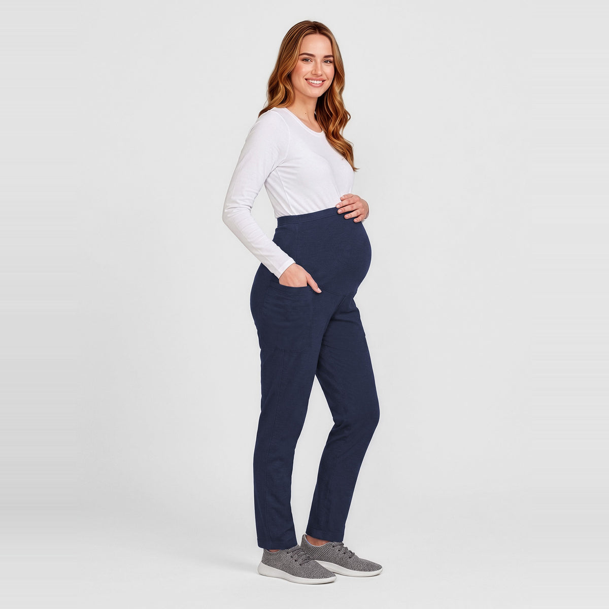 Inaura Rose Womens Maternity Scrub Pant CSP244LL in Midnight Navy, worn by model, view 2