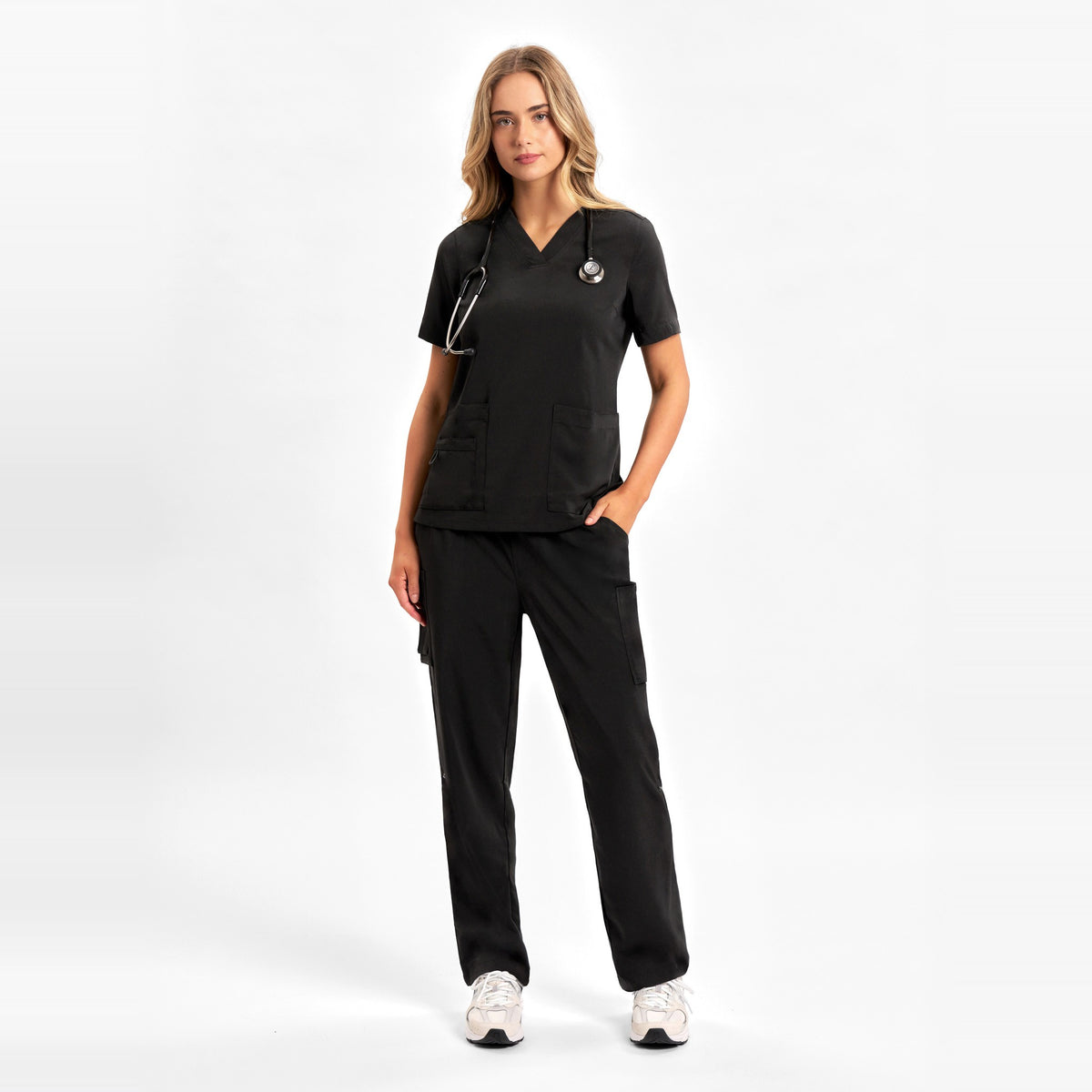 Inaura Avery Womens Straight Leg Scrub Pant CSP944LL in Black, worn by model