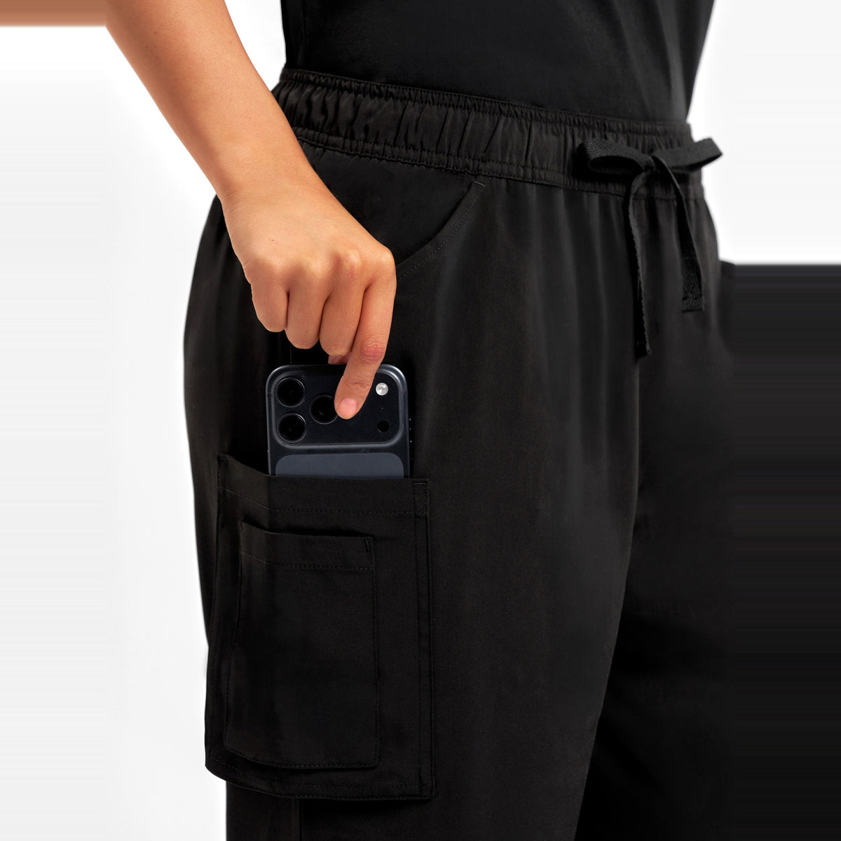 Inaura Avery Womens Straight Leg Scrub Pant CSP944LL in Black, worn by model, view 5