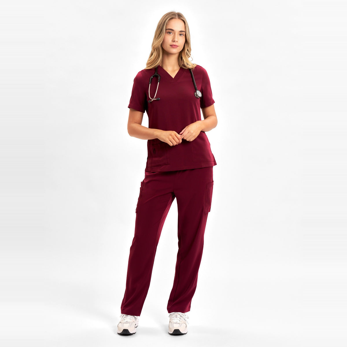 Inaura Avery Womens Straight Leg Scrub Pant CSP944LL in Burgundy, worn by model