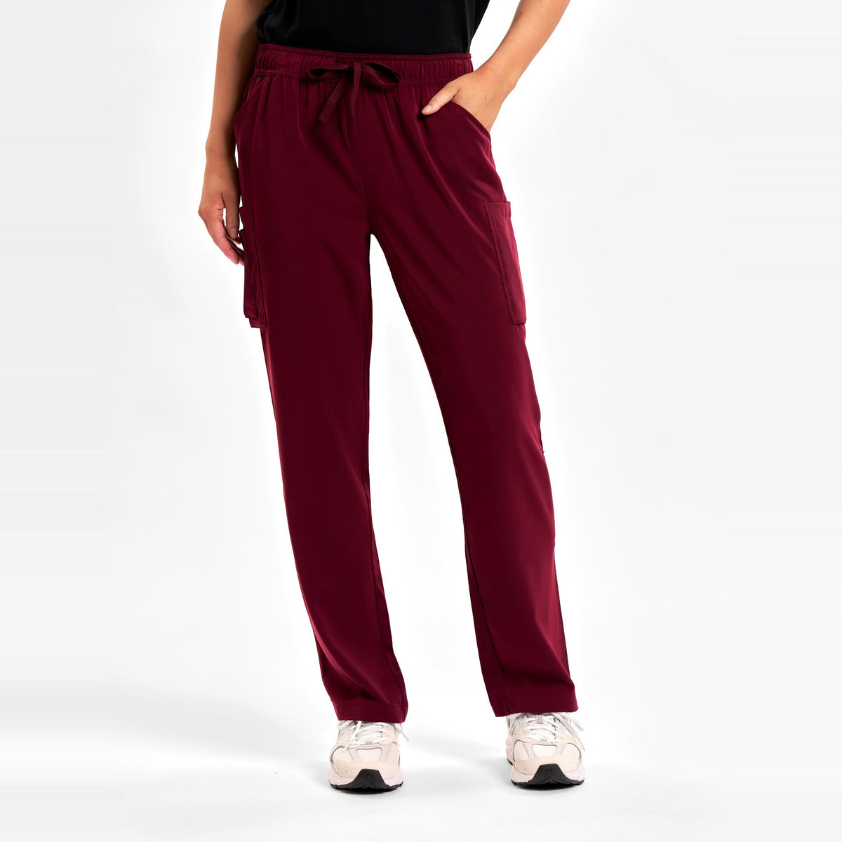 Inaura Avery Womens Straight Leg Scrub Pant CSP944LL in Burgundy, worn by model, view 2
