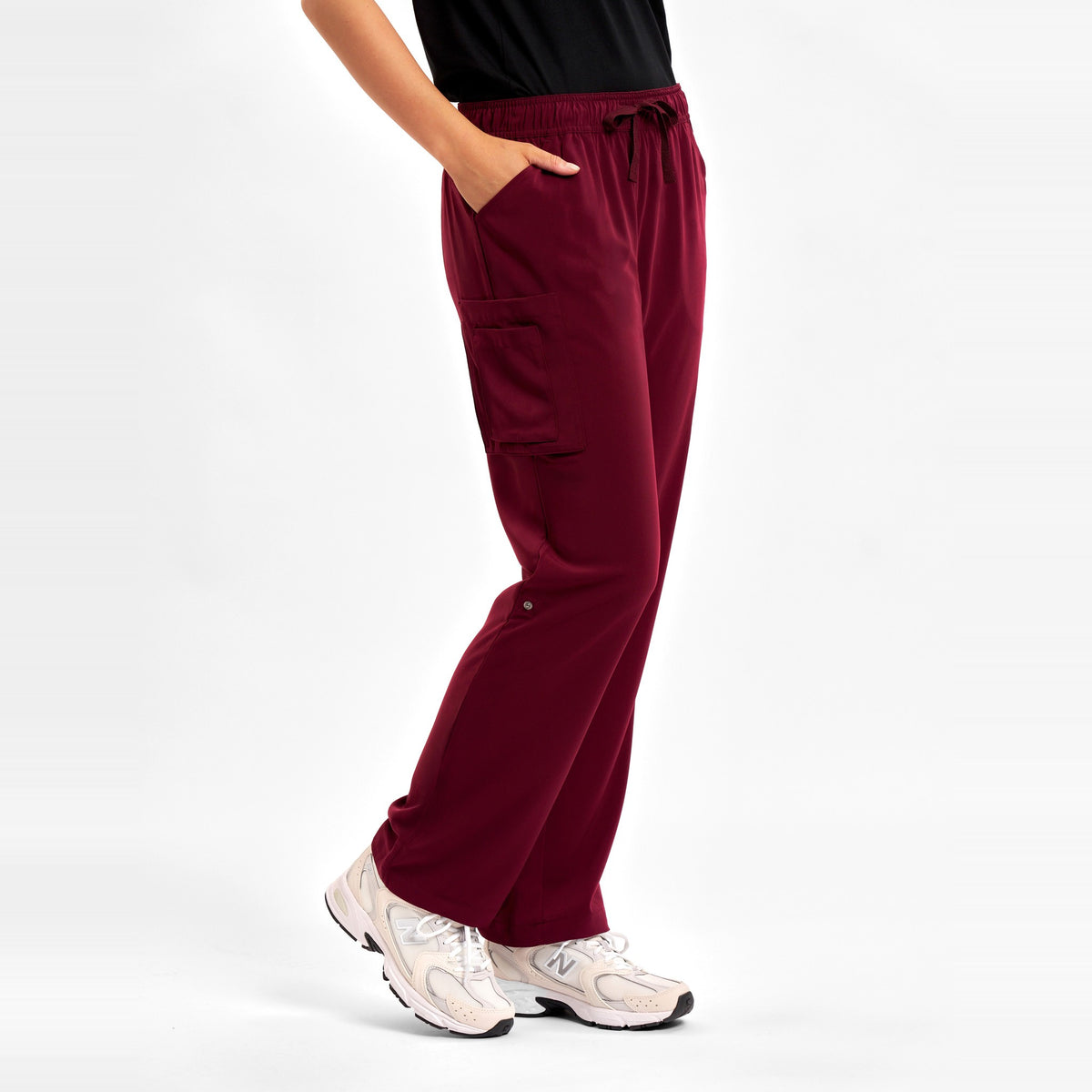Inaura Avery Womens Straight Leg Scrub Pant CSP944LL in Burgundy, worn by model, view 3