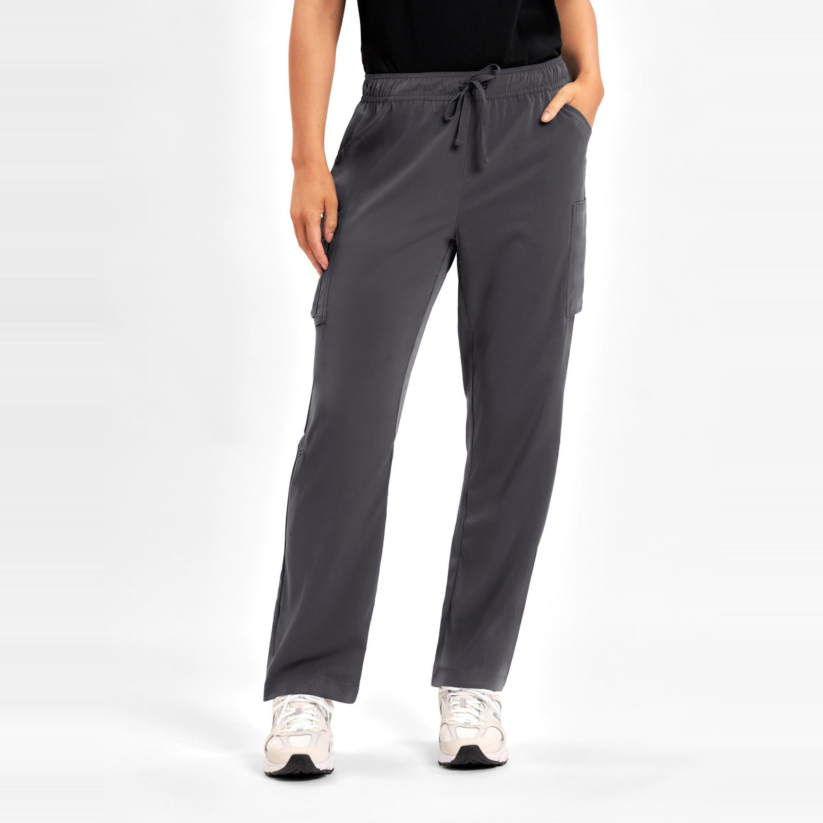 Inaura Avery Womens Straight Leg Scrub Pant CSP944LL in Charcoal, worn by model, view 2