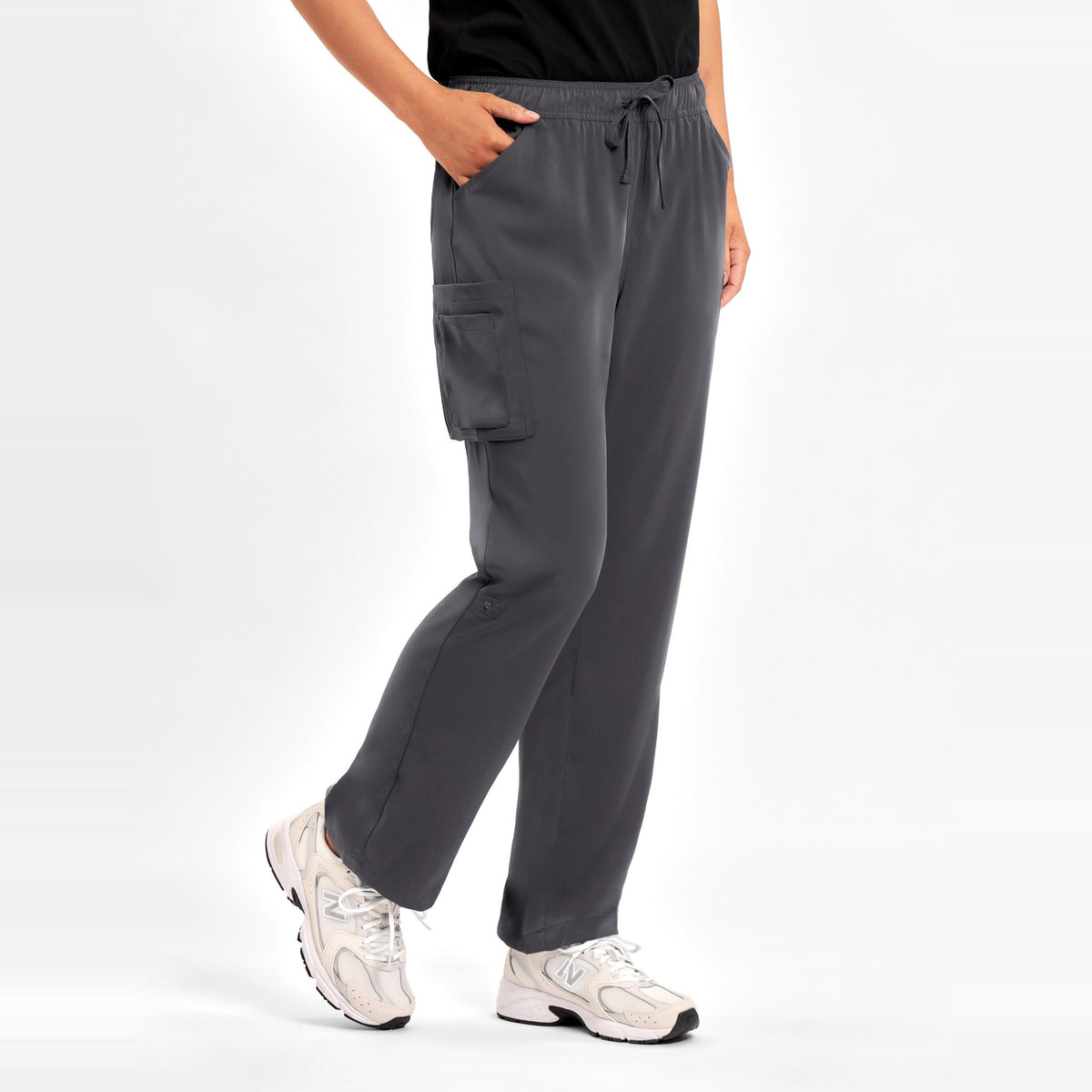 Inaura Avery Womens Straight Leg Scrub Pant CSP944LL in Charcoal, worn by model, view 3