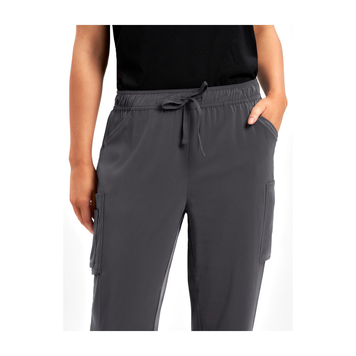 Inaura Avery Womens Straight Leg Scrub Pant CSP944LL in Charcoal, worn by model, view 5