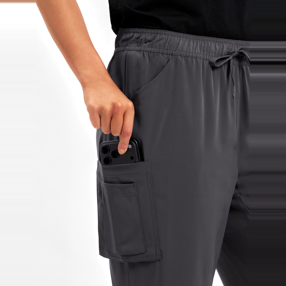 Inaura Avery Womens Straight Leg Scrub Pant CSP944LL in Charcoal, worn by model, view 6