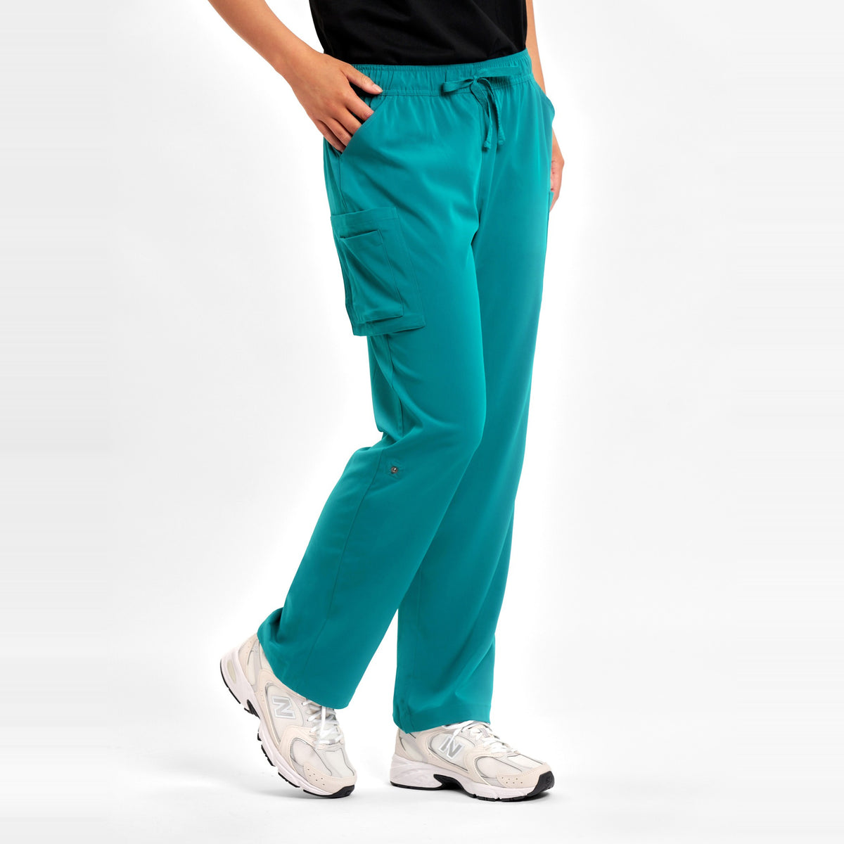Inaura Avery Womens Straight Leg Scrub Pant CSP944LL in Teal, worn by model, view 3