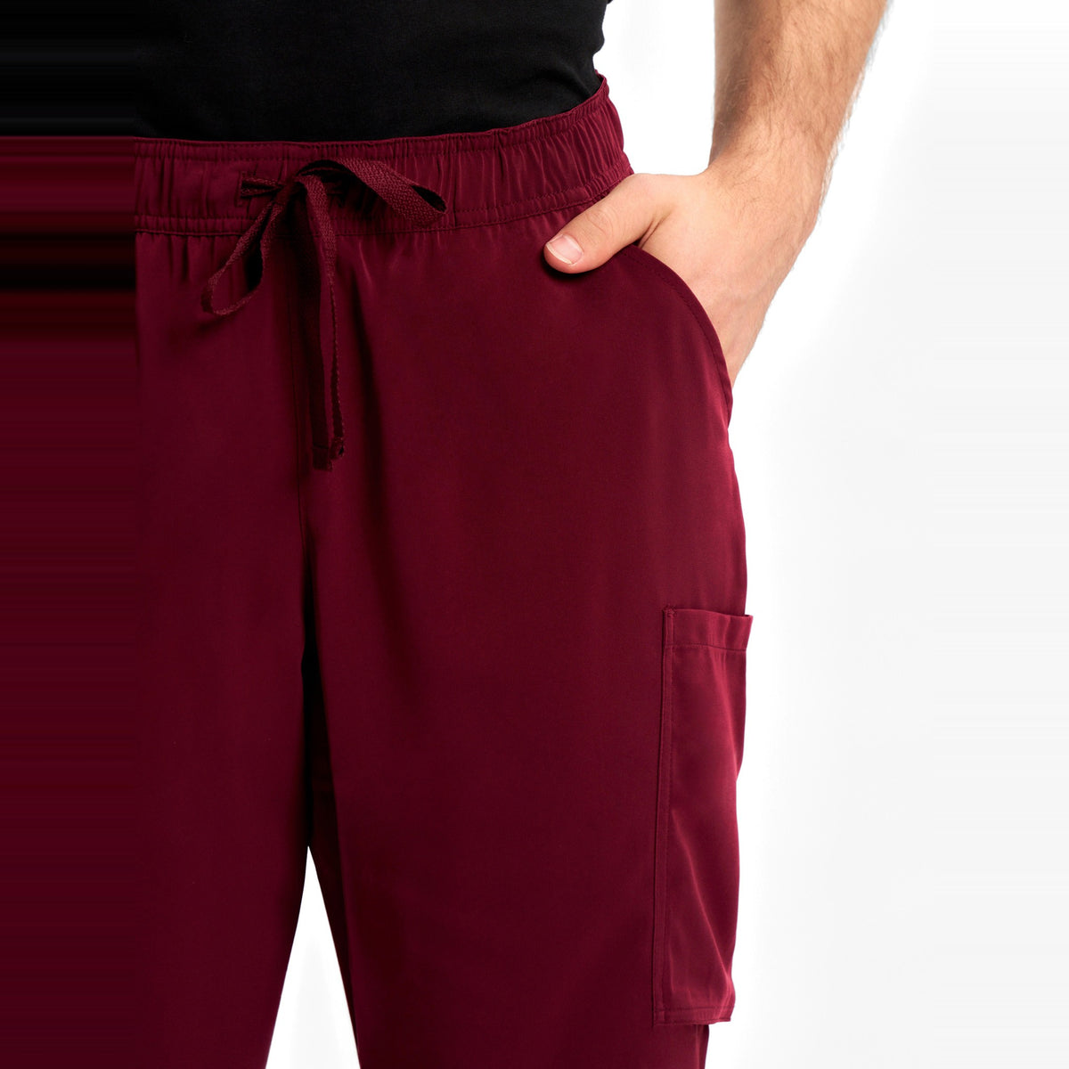 Inaura Avery Mens Straight Leg Scrub Pant CSP946ML in Burgundy, worn by model, view 5