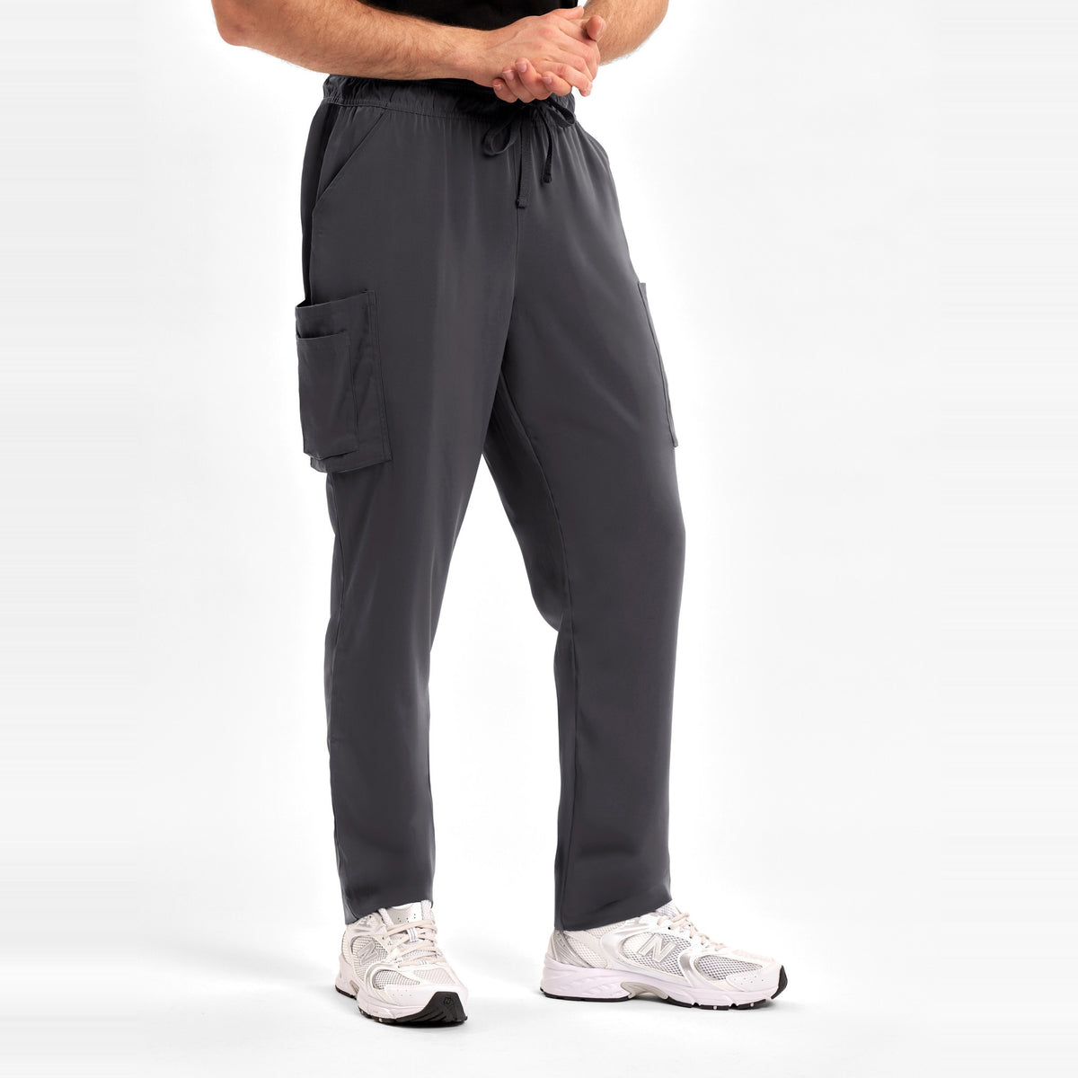 Inaura Avery Mens Straight Leg Scrub Pant CSP946ML in Charcoal, worn by model, view 3