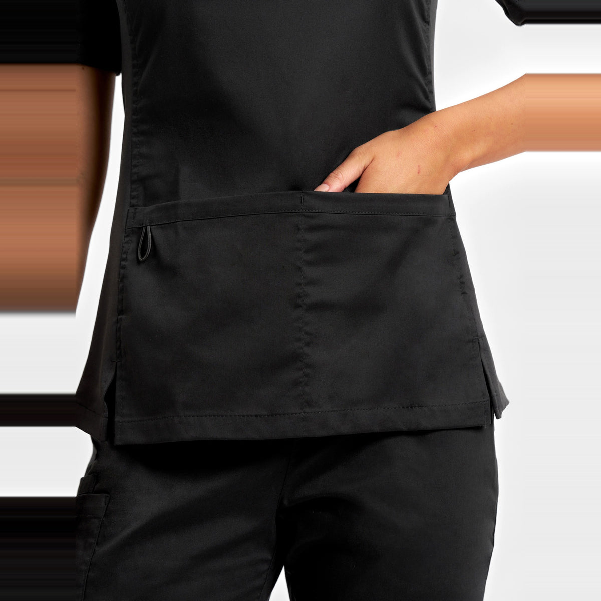 Inaura Riley Womens Stretch Scrub Top CST043LS in Black, worn by model, view 5