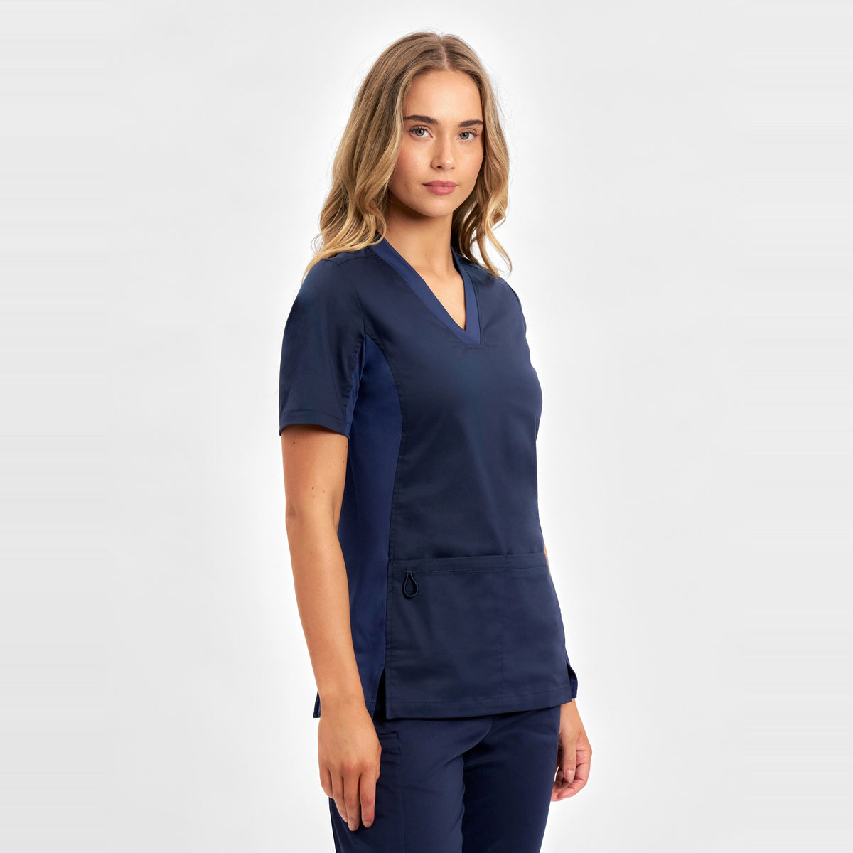 Inaura Riley Womens Stretch Scrub Top CST043LS in Midnight Navy, worn by model, view 3