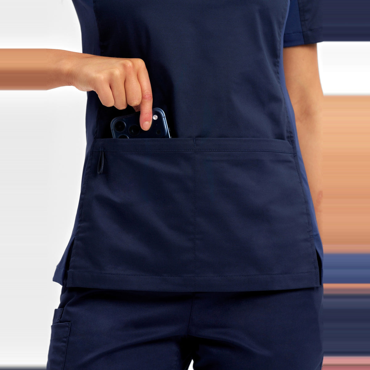 Inaura Riley Womens Stretch Scrub Top CST043LS in Midnight Navy, worn by model, view 5
