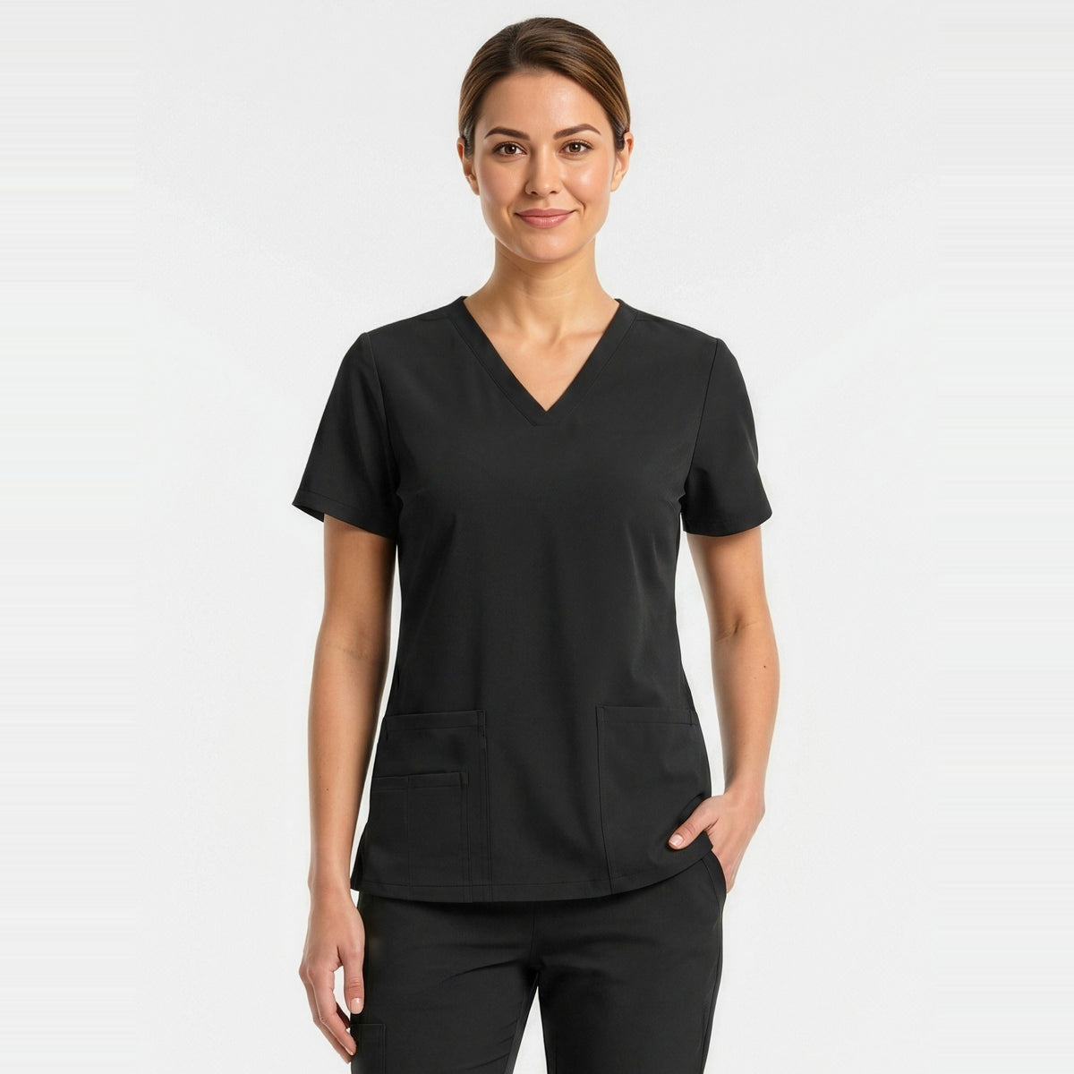 Inaura Tokyo Womens Scrub Top CST141LS in Black, worn by model