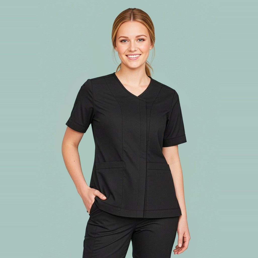Inaura Parks Womens Zip Front Scrub Top CST240LS in Black, worn by model