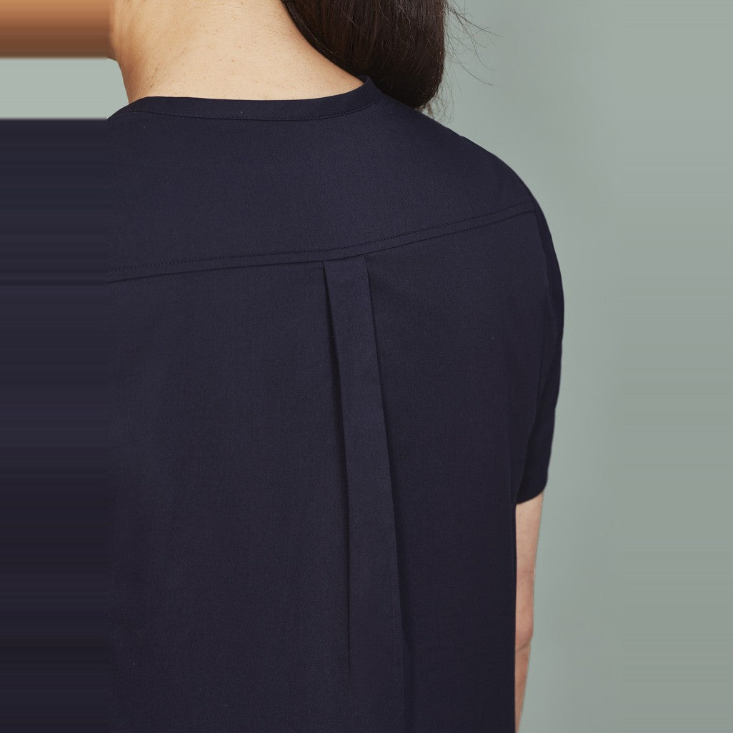 Inaura Rose Womens Tunic Scrub Top CST243LS in Midnight Navy, worn by model, view 3