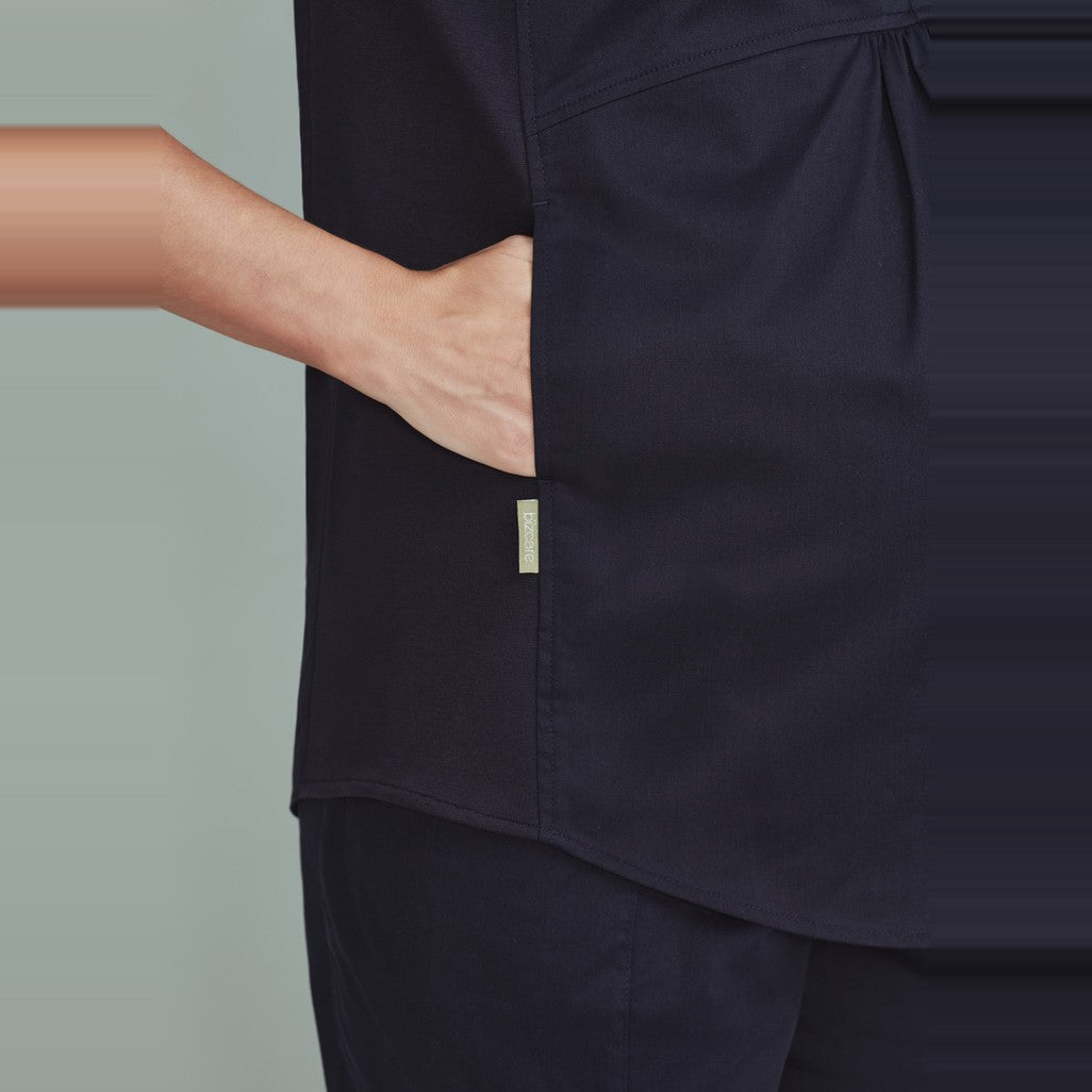 Inaura Rose Womens Tunic Scrub Top CST243LS in Midnight Navy, worn by model, view 4