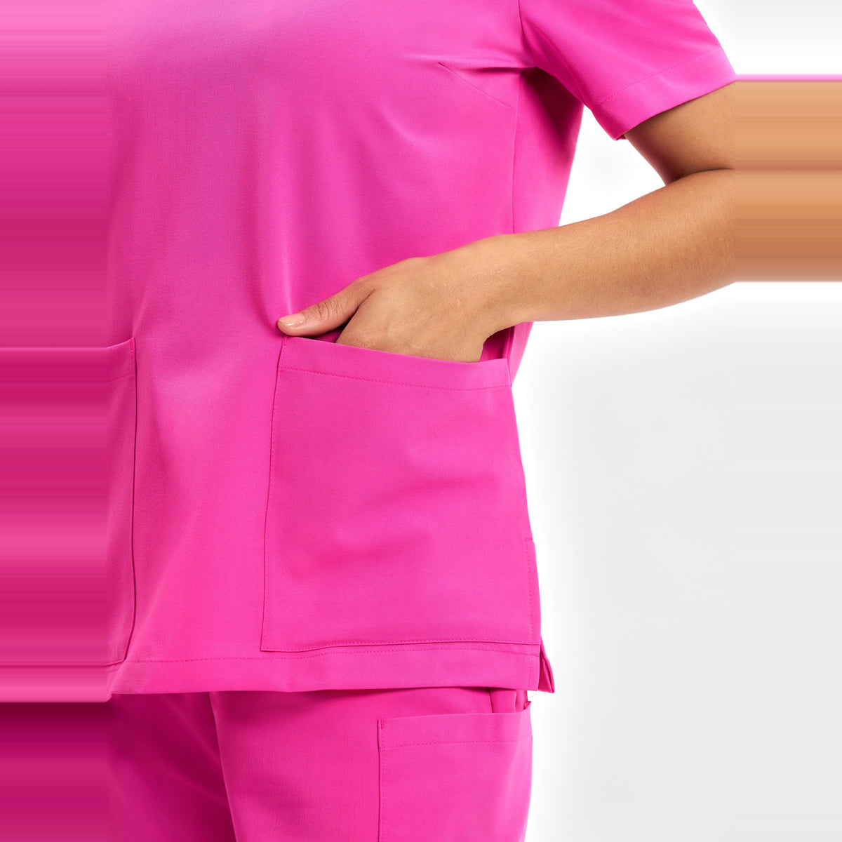 Inaura Pink Womens V-Neck Scrub Top CST245LS in Pink, worn by model, view 7