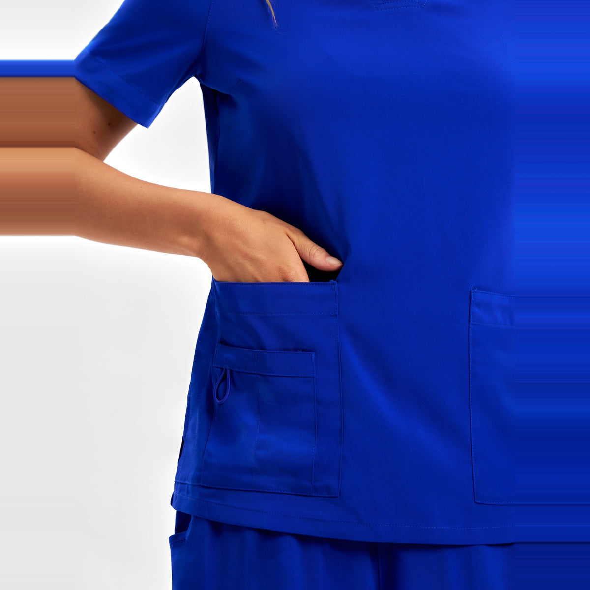 Inaura Avery Womens V-Neck Scrub Top CST941LS in Electric Blue, worn by model, view 5