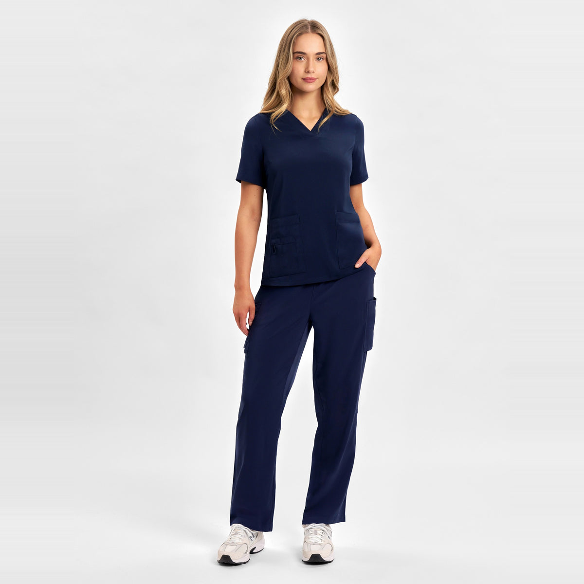 Inaura Avery Womens V-Neck Scrub Top CST941LS in Midnight Navy, worn by model, view 2