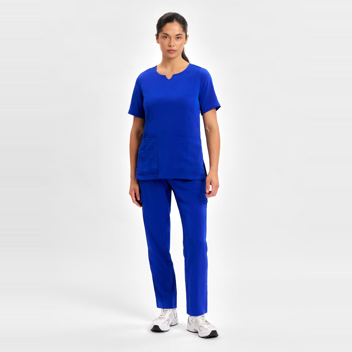 Inaura Avery Womens Round Neck Scrub Top CST942LS in Electric Blue, worn by model, view 2