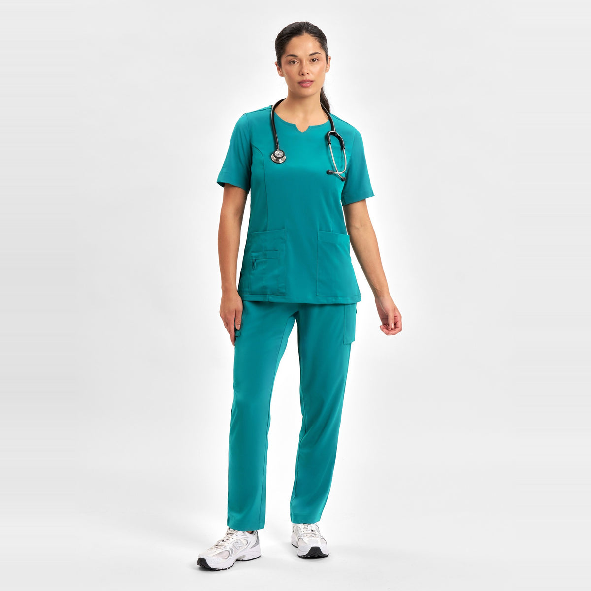 Inaura Avery Womens Round Neck Scrub Top CST942LS in Teal, worn by model, view 2