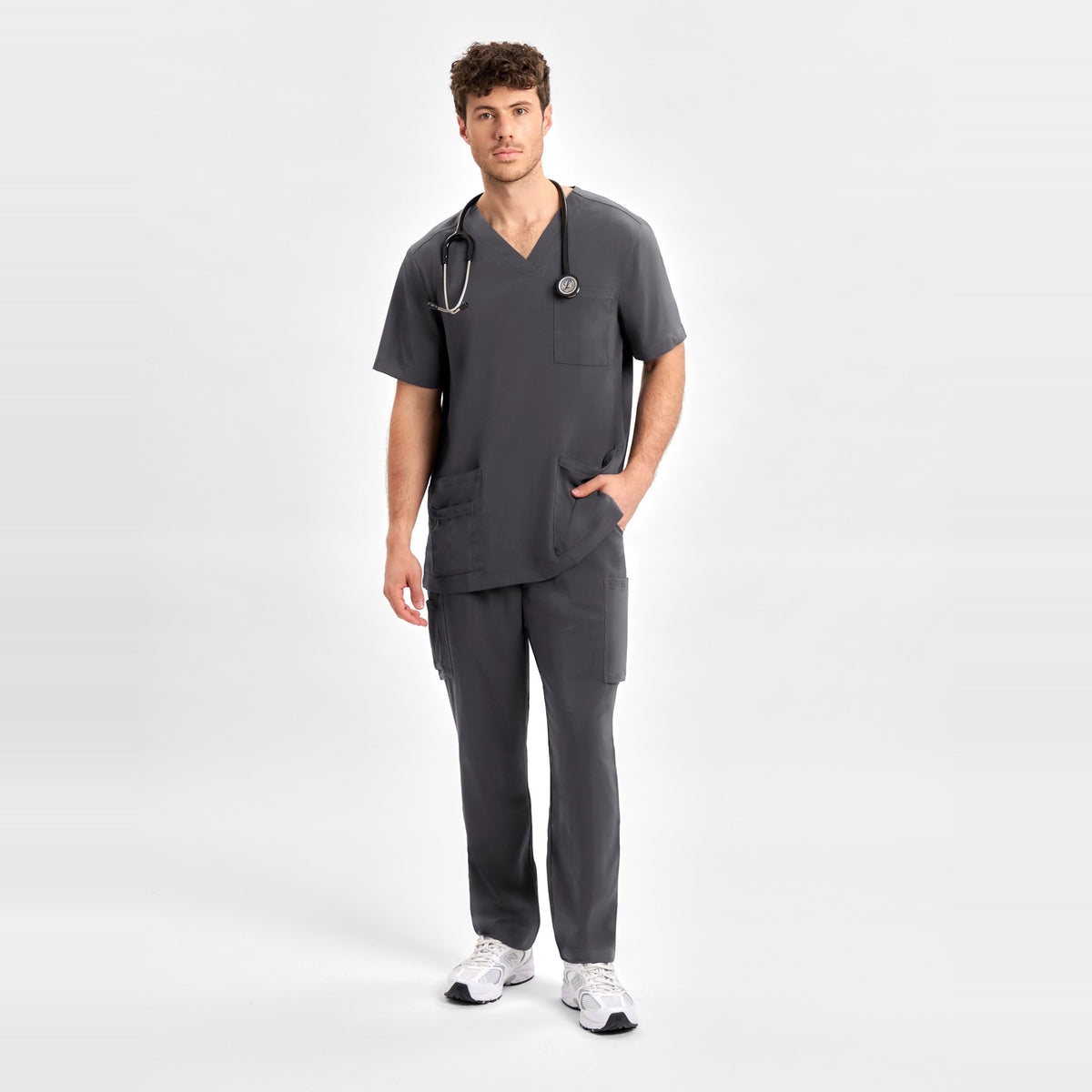 Inaura Avery Mens V-Neck Scrub Top CST945MS in Charcoal, worn by model, view 2