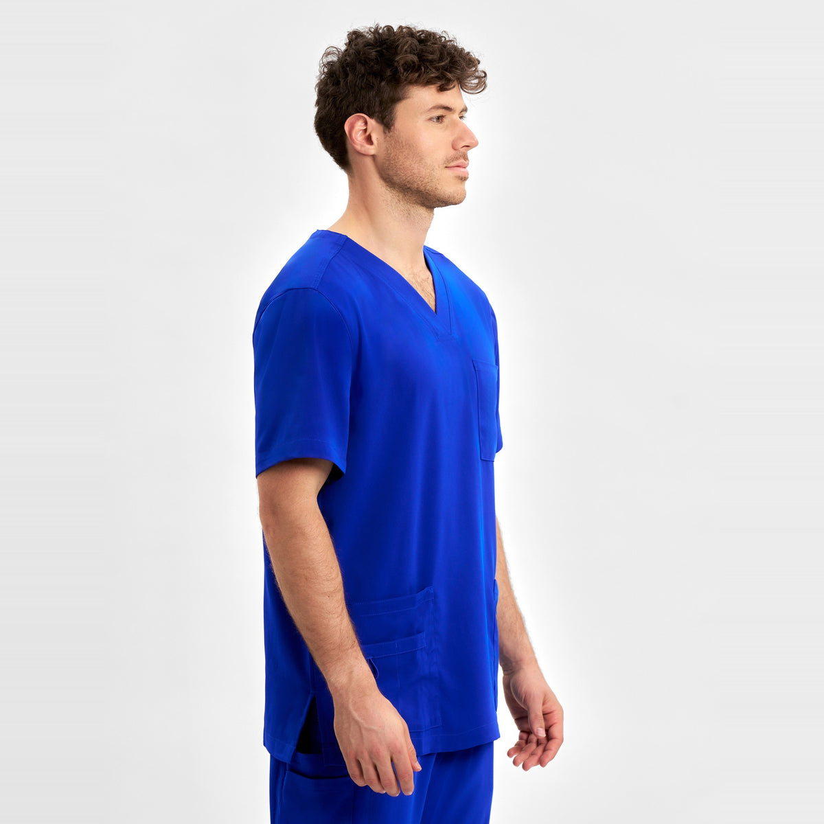 Inaura Avery Mens V-Neck Scrub Top CST945MS in Electric Blue, worn by model, view 3