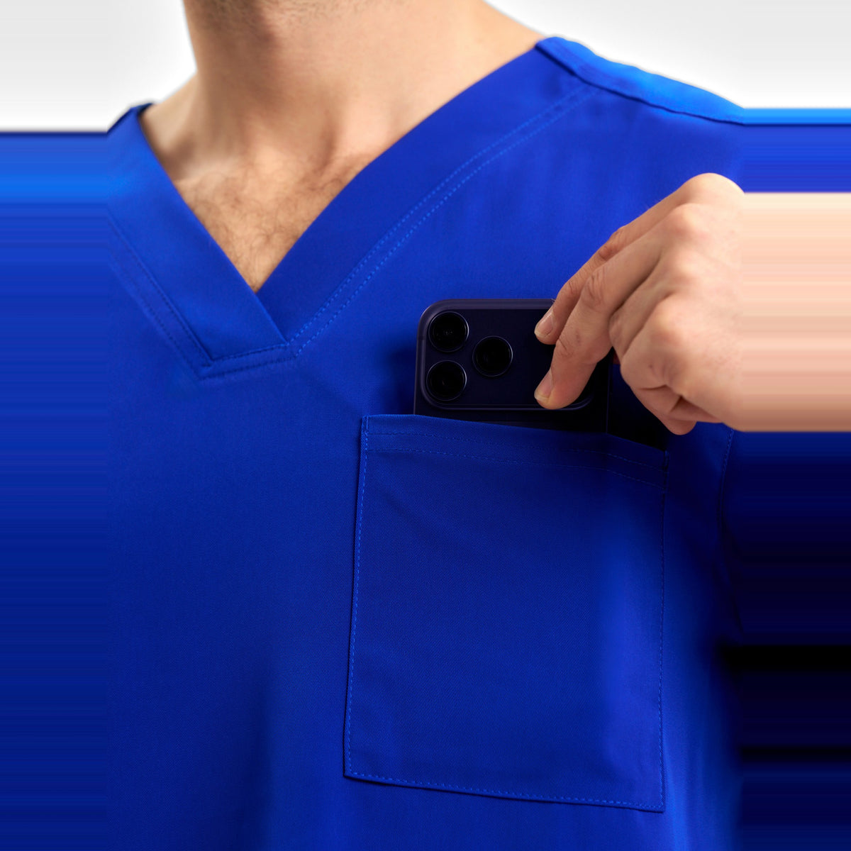 Inaura Avery Mens V-Neck Scrub Top CST945MS in Electric Blue, worn by model, view 5