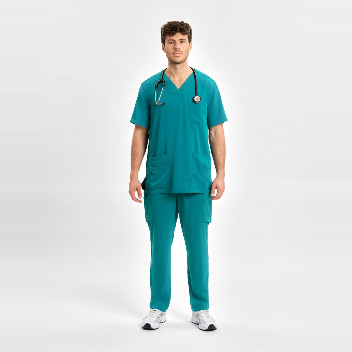 Inaura Avery Mens V-Neck Scrub Top CST945MS in Teal, worn by model, view 2
