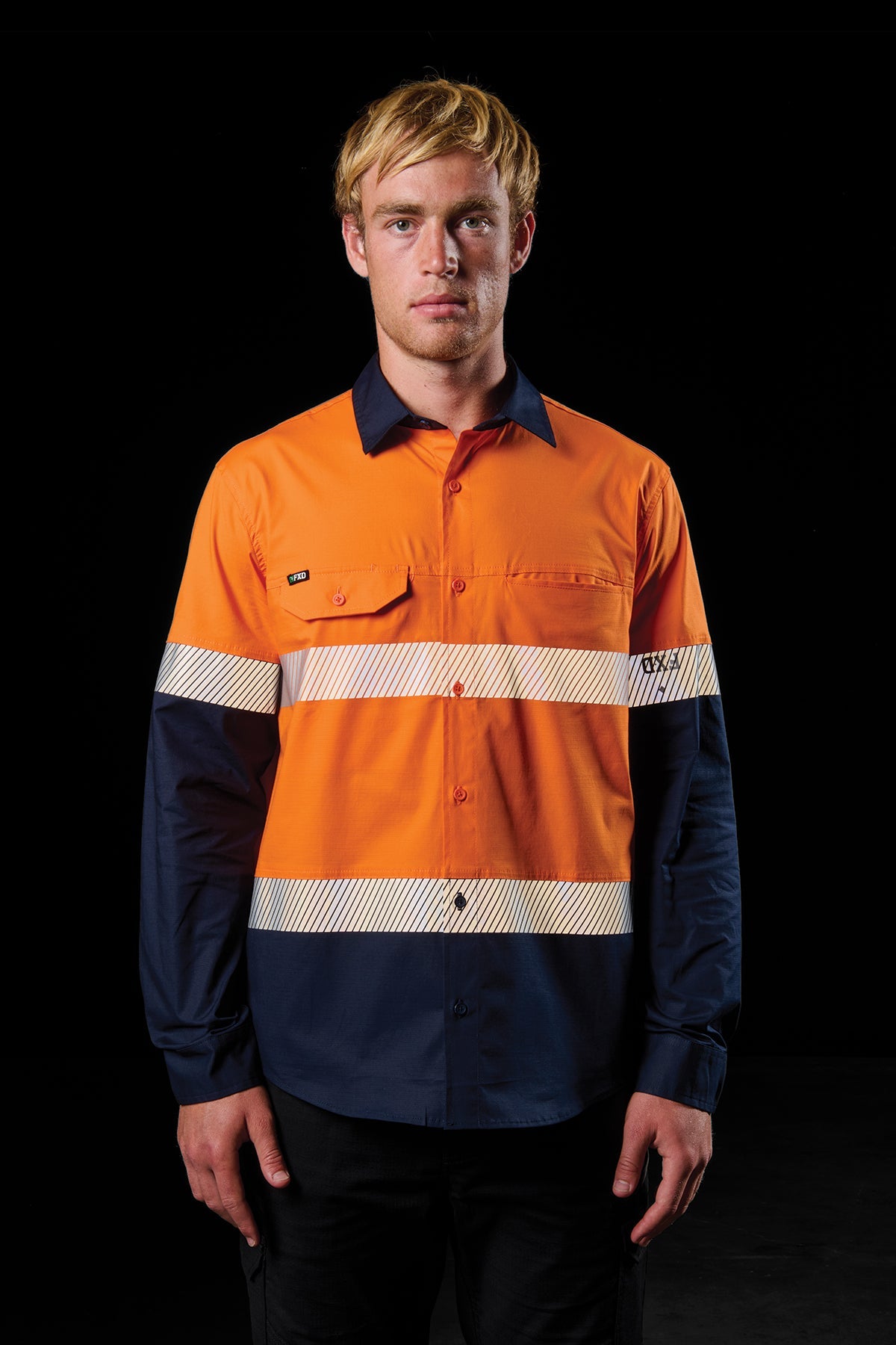 FXD LSH-4T Taped Hi-Vis Vented Long Sleeve Work Shirt in Orange/Navy