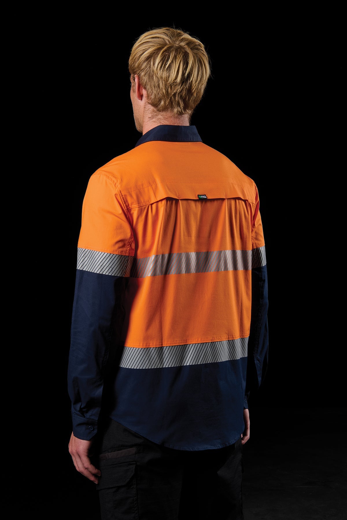 FXD LSH-4T Taped Hi-Vis Vented Long Sleeve Work Shirt in Orange/Navy, view 3