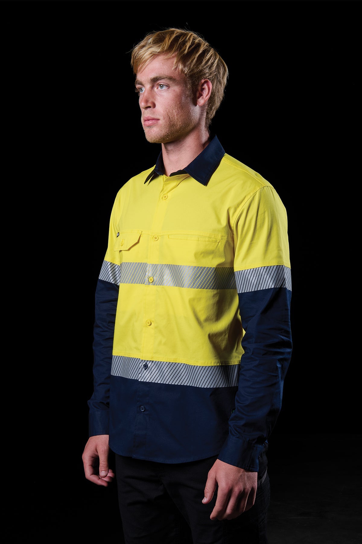 FXD LSH-4T Taped Hi-Vis Vented Long Sleeve Work Shirt in Yellow/Navy, view 2