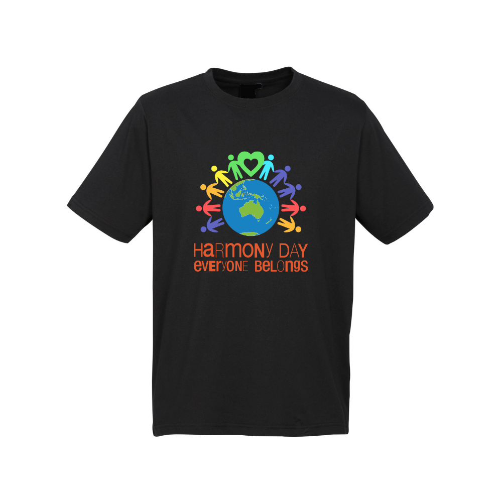 Adults Harmony Day Heart Globe on Black T-Shirt