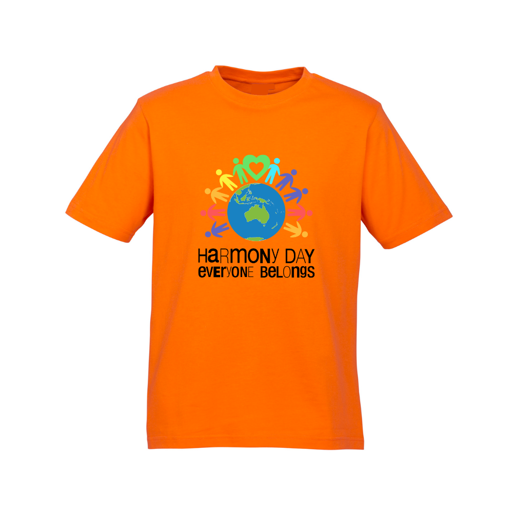 Kids Harmony Day Heart Globe on Orange T-Shirt