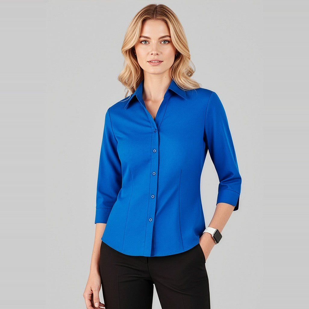 Biz Oasis Womens 3/4 Sleeve Shirt LB3600 in Electric Blue, worn by model