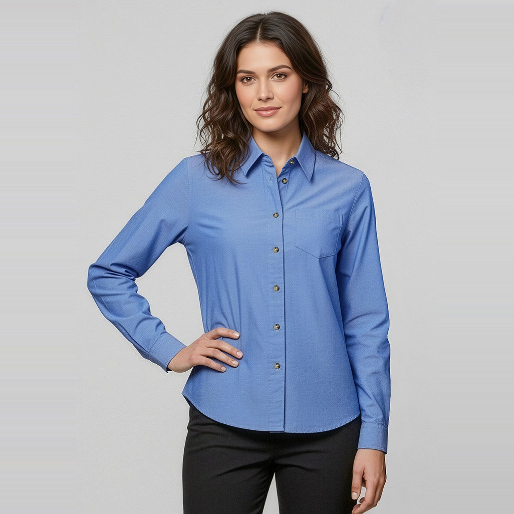 Biz Chambray Womens Long Sleeve Shirt LB6201 in Chambray Blue, worn by model