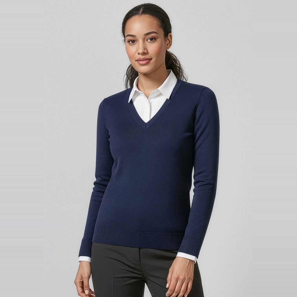 Biz V-Neck Womens Knit Pullover LP3506 in Navy, worn by model