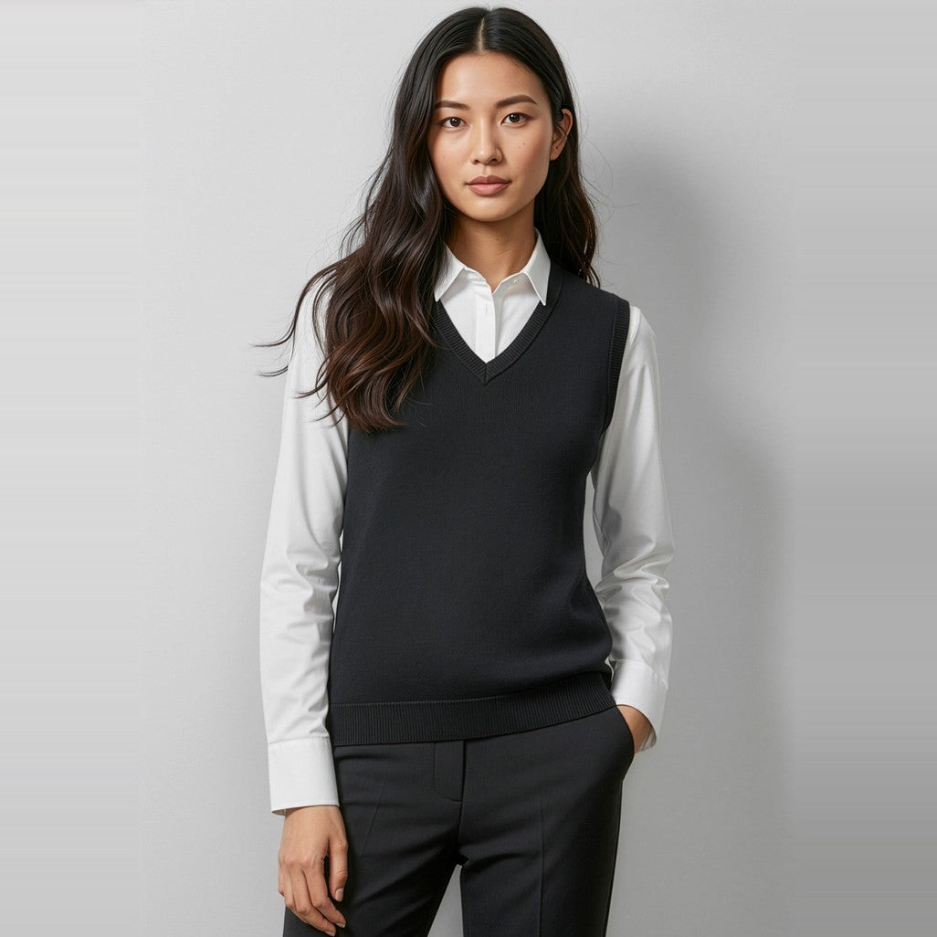 Biz V-Neck Womens Knit Vest LV3504, worn by model