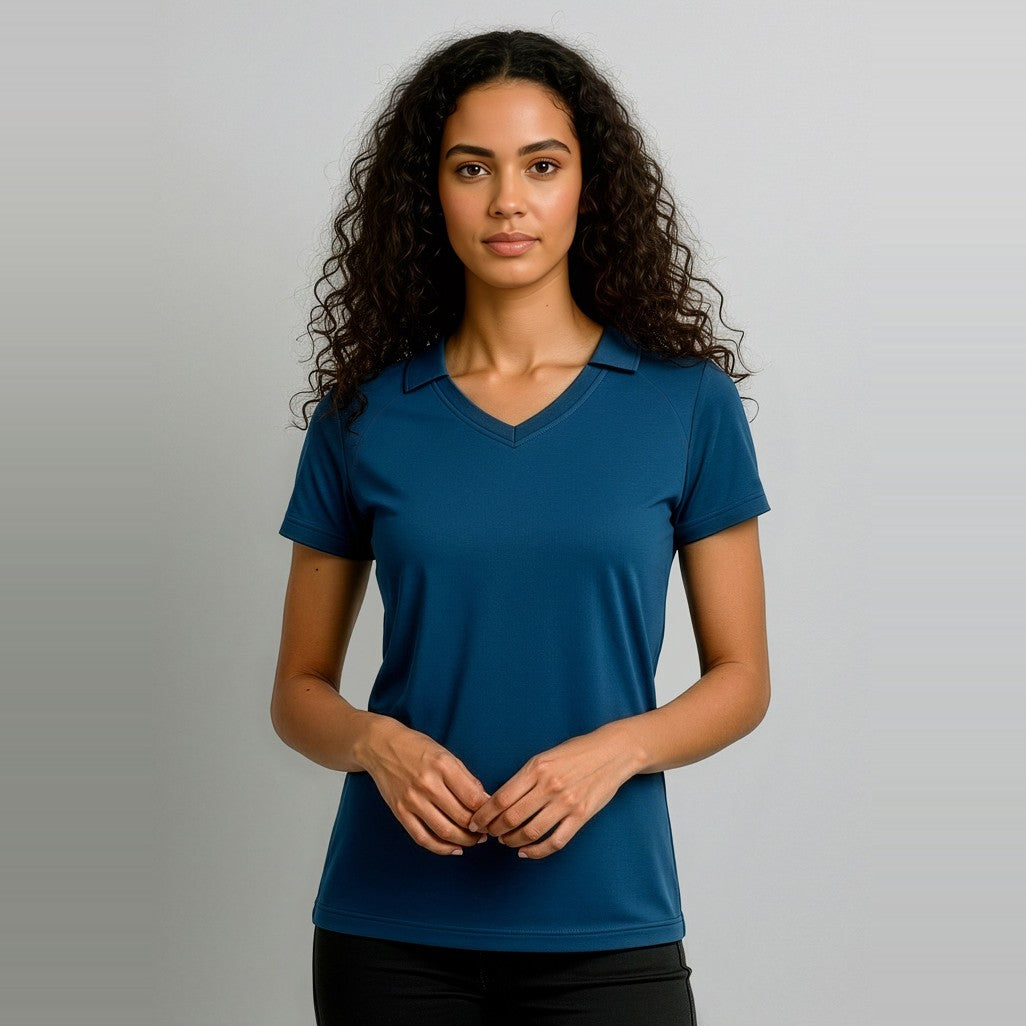 Biz Byron Womens Short Sleeve Polo P011LS in Steel Blue, worn by model