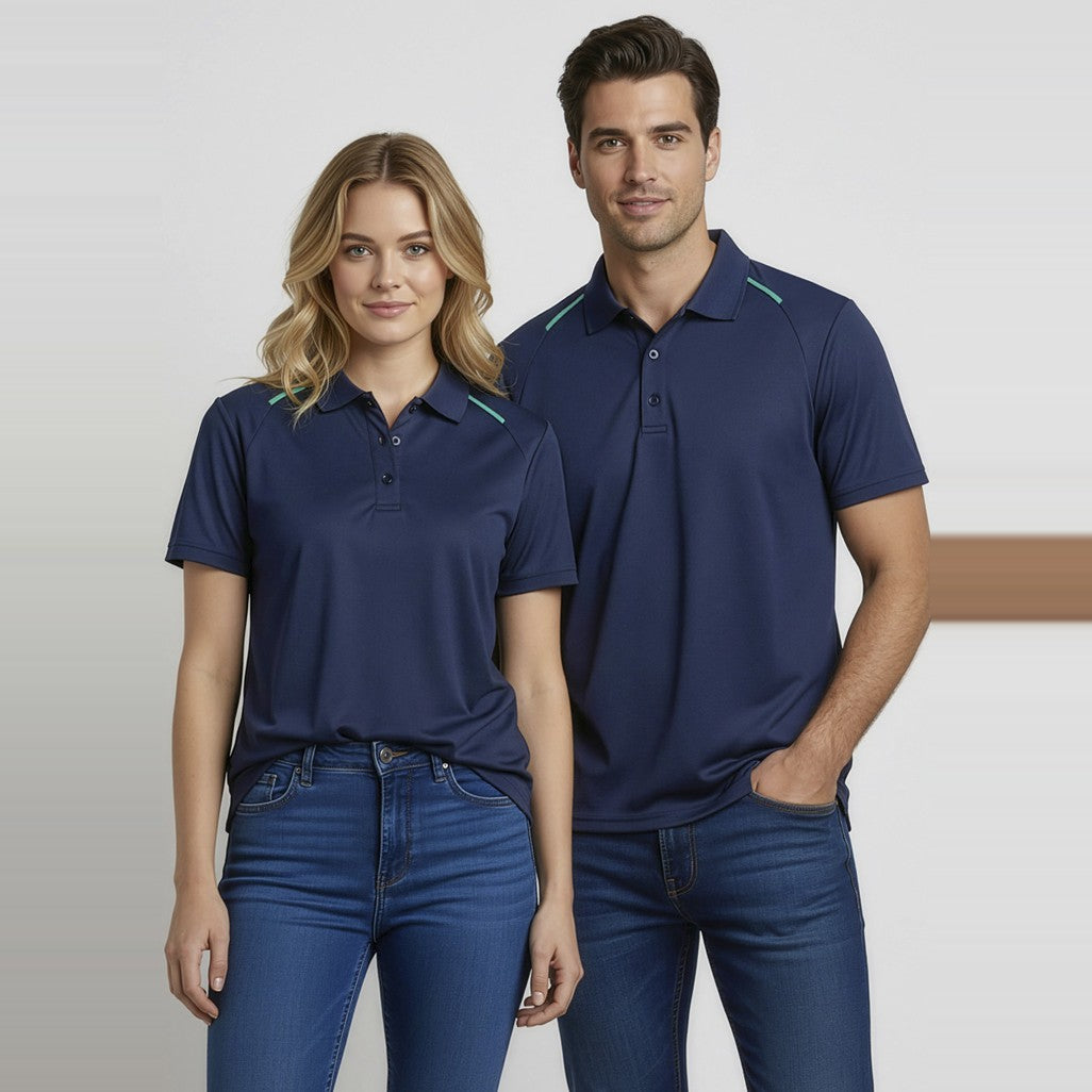 Biz Academy Mens Short Sleeve Polo P012MS in Navy/Teal, worn by model